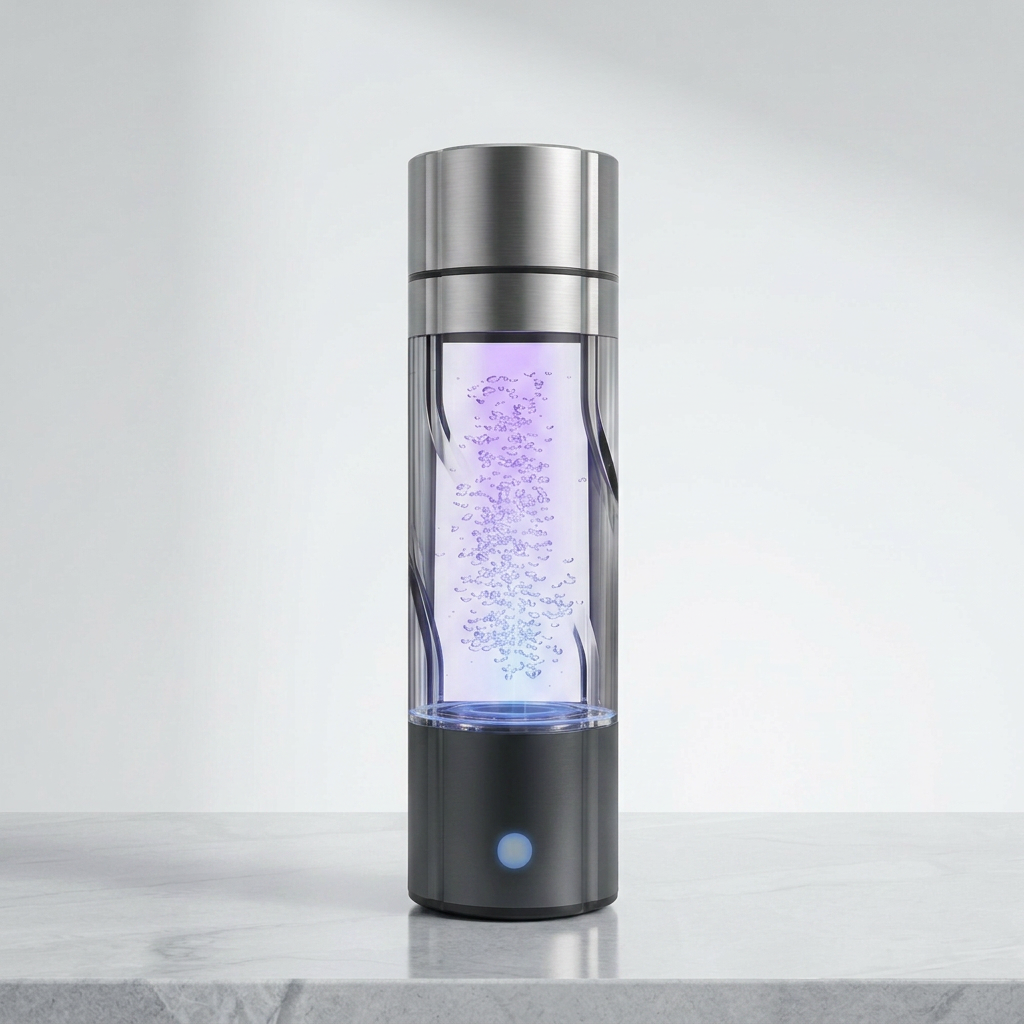 QY01 hydrogen water bottle centered on a marble surface with the cycle glow visible