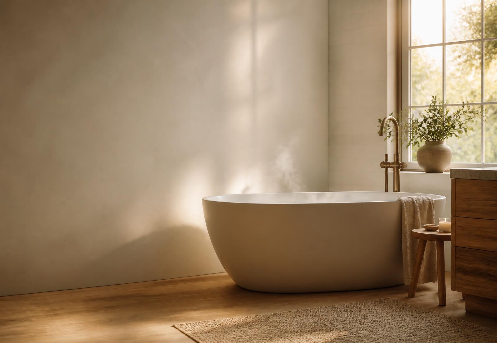 A freestanding bath filled with warm water in a calm, sunlit spa room