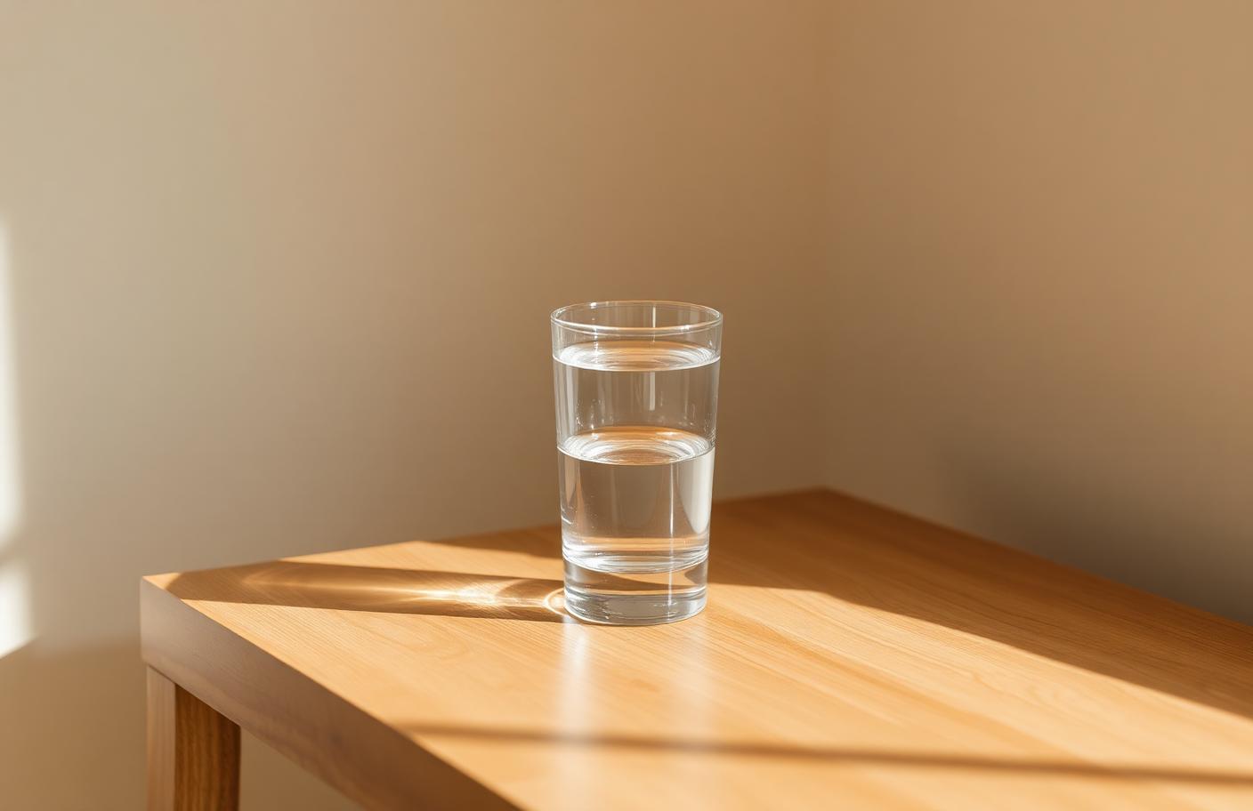 Glass of purified water on an oak table in soft morning light