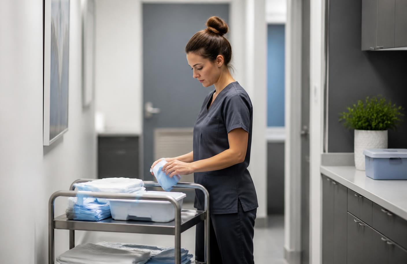 Clinic staff preparing sterile supplies in a neutral, diffused-light clinical corridor