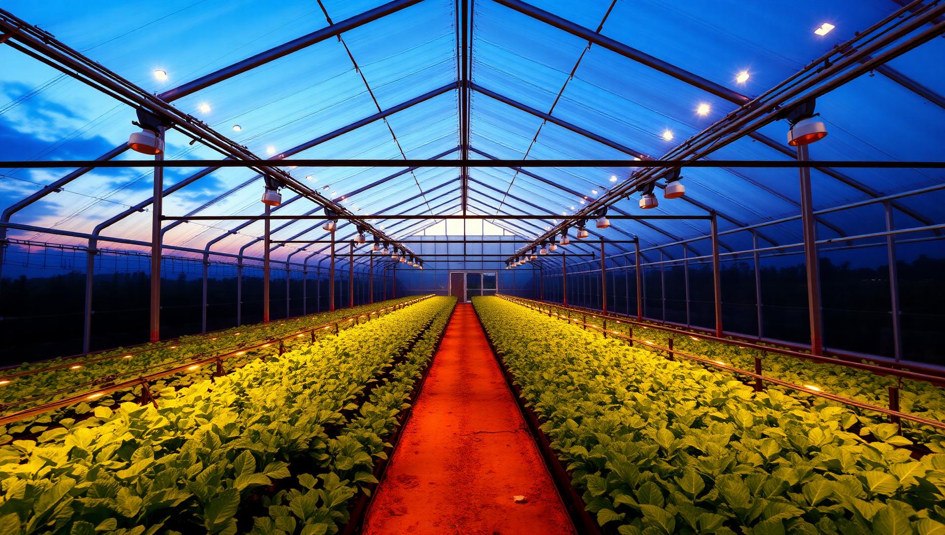 Commercial glasshouse at twilight with drip irrigation lines running between rows of crops