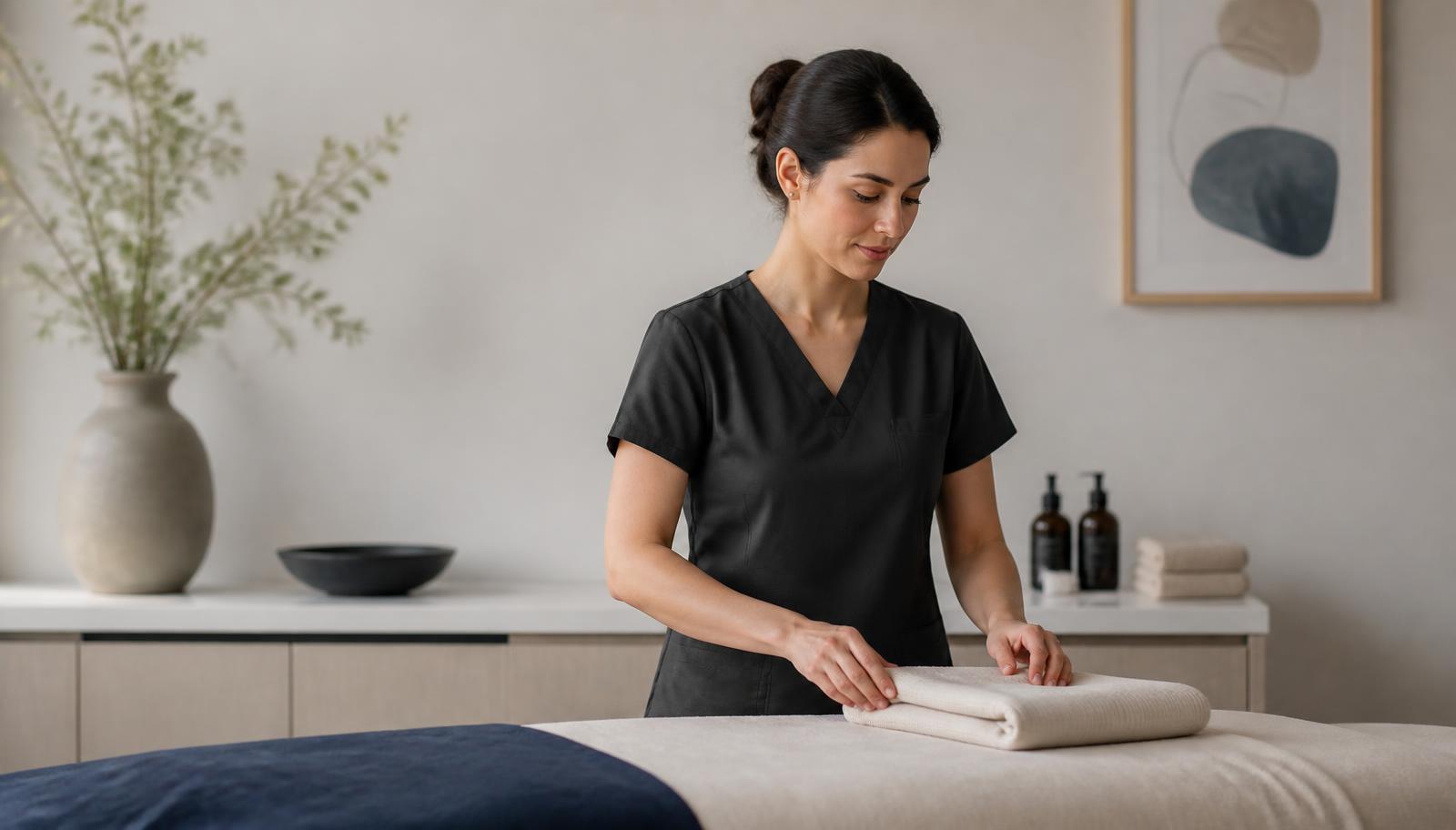 Practitioner preparing a clean, modern treatment room for a client session